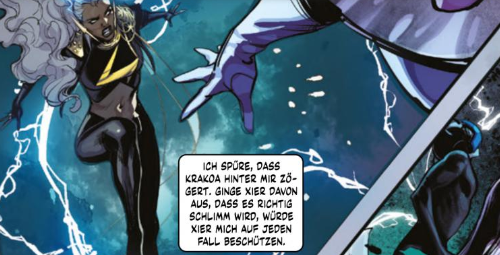 Ausschnitt aus dem Comic. Ein Figur in hautengem dunklen Neoprenanzug mit wallendem grauen Haar schwebt in der Luft, dahinter ein Blitzeinschlag, und ruft aus: Ich spüre, dass Krakoa hinter mir zögert. Ginge xier davon aus, dass es richtig schlimm wird, würde xier mich auf jeden Fall beschützen. Eine lila Hand greift nach ihr.