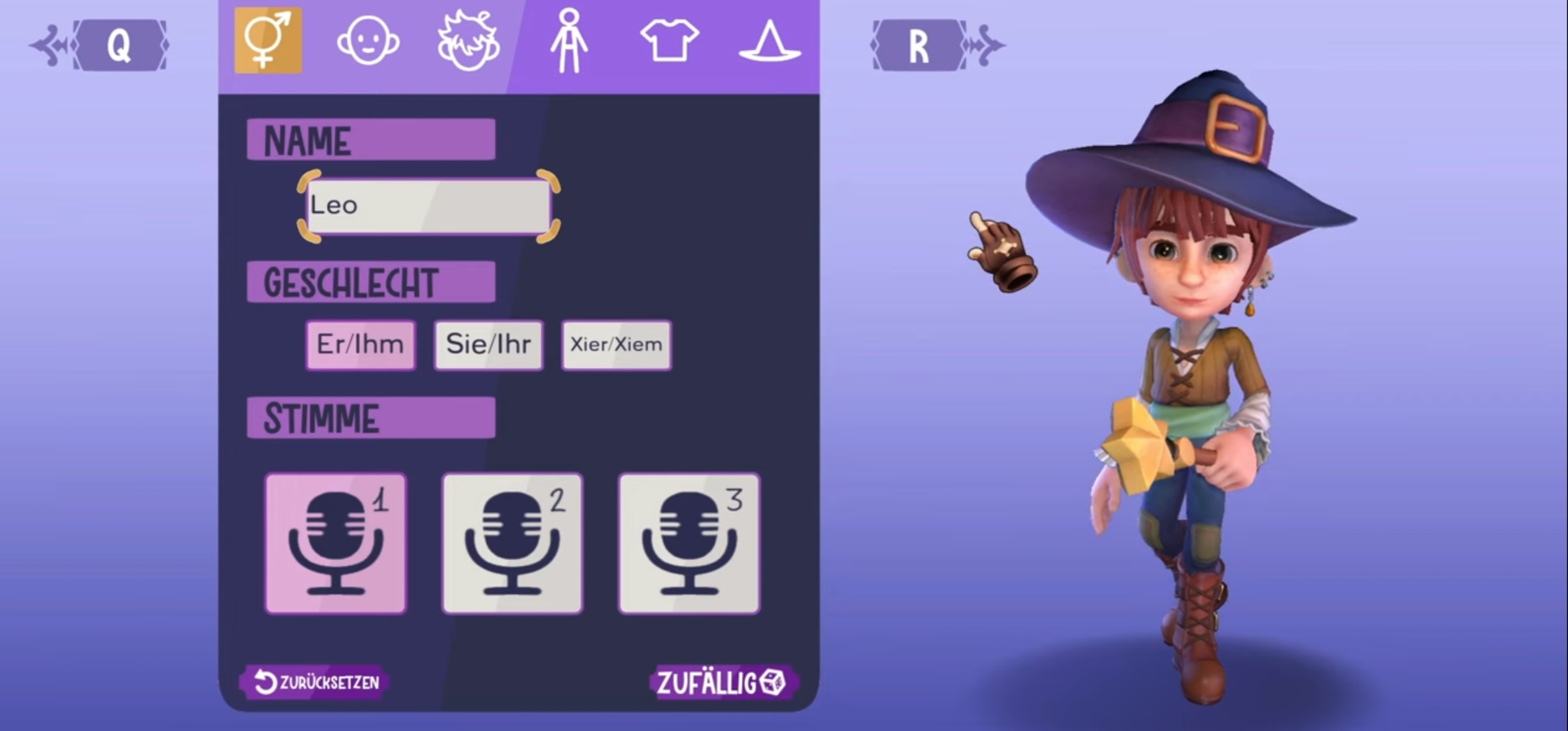 Screenshot aus dem Videogame: Einstellungen zur Hauptperson. Es können Name (Leo ist ausgewählt), Geschlecht (Er/Ihm ist ausgewählt, sie/ihr und xier/xiem sind auch möglich), Stimme (1 von 3 möglichen ist ausgewählt). Daneben eine Figur mit großem lila Schlapphut, Zauberstab und mittelalterlicher Kleidung, die Haare kurz und braun, die Haut weiss.