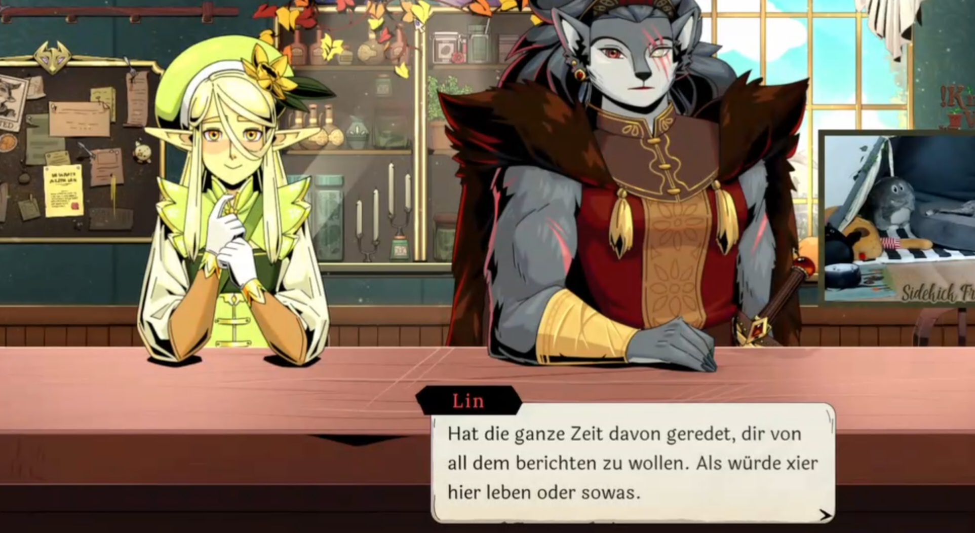 Screenshot aus dem Video Game. Eine Elfe mit spitzen Ohren, gelber Kleidung und folkloristischem Diadem auf dem Kopf schaut schüchtern mit roten Wangen. Daneben Lin, ein Wolfsmensch mit Muskeln, grauem Fell und Fellumhang, schaut ernst und sagt: Hat die ganze Zeit davon geredet, dir von allem berichten zu wollen. Als würde xier hier leben oder sowas.