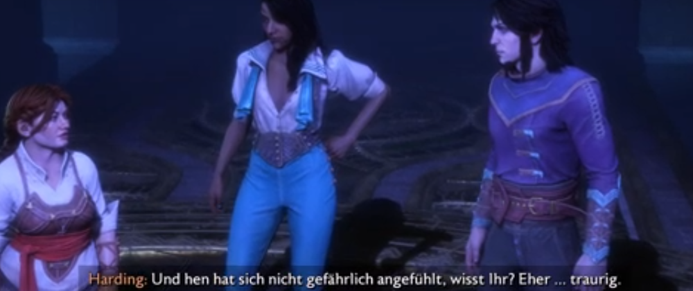 Screenshot aus dem Video Game. Drei Figuren unterhalten sich, es ist dämmrig und der Hintergrund nicht gut erkennbar. Untertitel: Harding: Und hen hat sich nicht gefährlich angefühlt, wisst Ihr. Eher ... traurig.