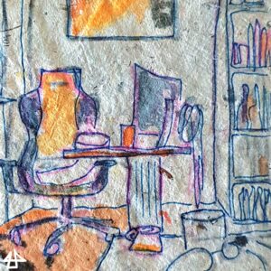 Zeichnung mit Buntstift, Fineliner und Aquarell auf handgeschöpftem Papier: Ein Gaming Drehstuhl an einem Bürotisch mit Bildschirm, dahinter ein Bild, daneben ein Regal.